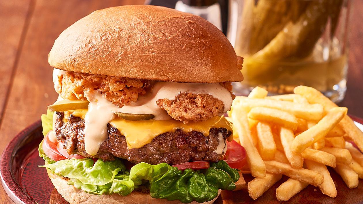 beef burger with deep- fried bacon and thousand island dressing