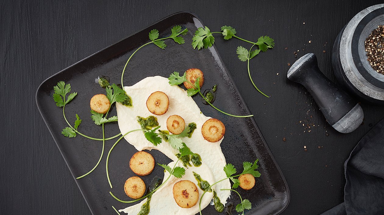 Rodfrugte "scallop" med wasabi green oil Rodfrugte "scallop" med wasabi green oil