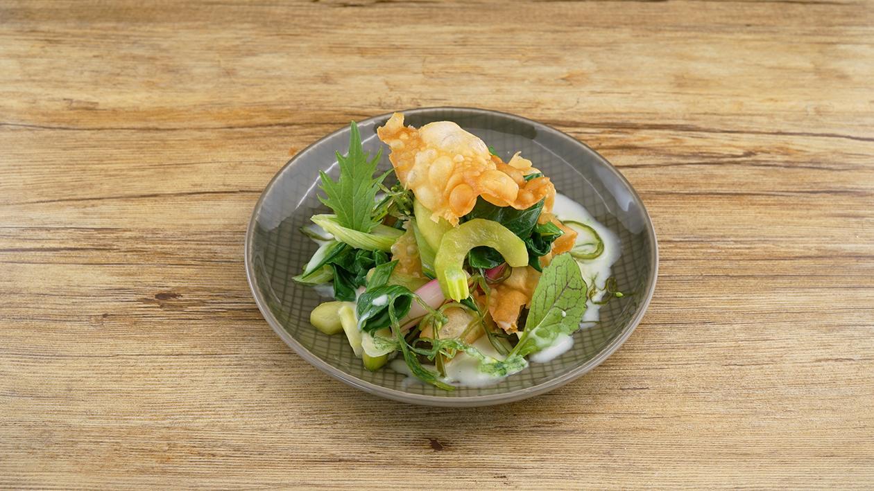 Asian Cucumber, Pak Choi, Wakame, Radieschen auf Wasabi-GreenCurry Sauce Asian Cucumber, Pak Choi, Wakame, Radieschen auf Wasabi-GreenCurry Sauce