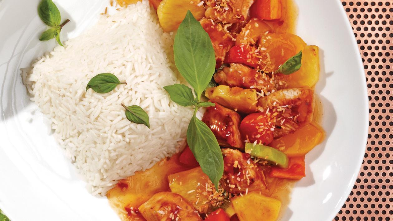 Exotische Puten-Früchte-Pfanne mit Basmatireis Exotische Puten-Früchte-Pfanne mit Basmatireis