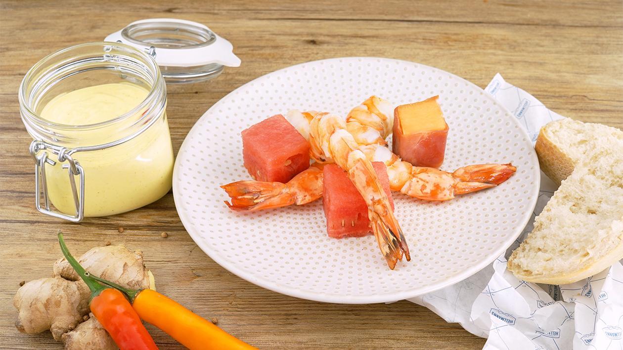 Garnelen / Curry / Melone / Schinken & fruchtige Curry Mayo Garnelen / Curry / Melone / Schinken & fruchtige Curry Mayo