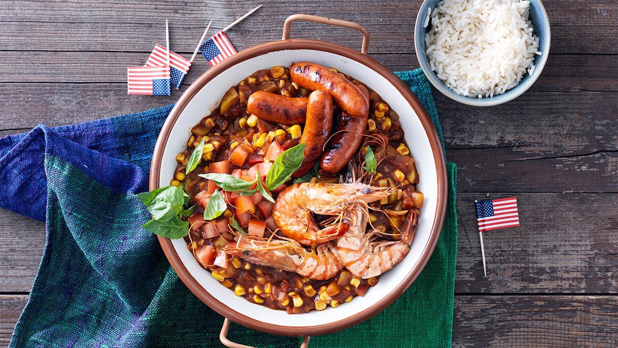 Gumbo mit Riesencrevetten und geräucherten Würstchen Gumbo mit Riesencrevetten und geräucherten Würstchen