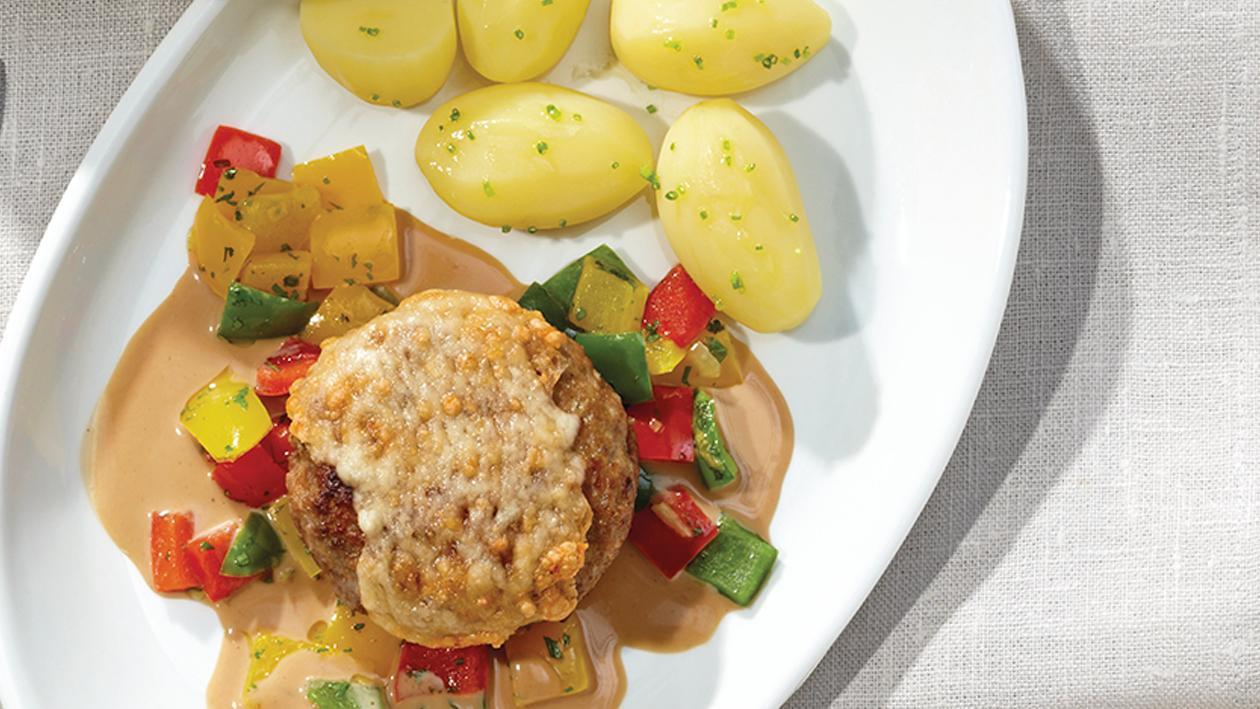 Hackfleisch-Käse-Frikadelle mit Rahmsauce, Paprikagemüse und Kartoffeln Hackfleisch-Käse-Frikadelle mit Rahmsauce, Paprikagemüse und Kartoffeln