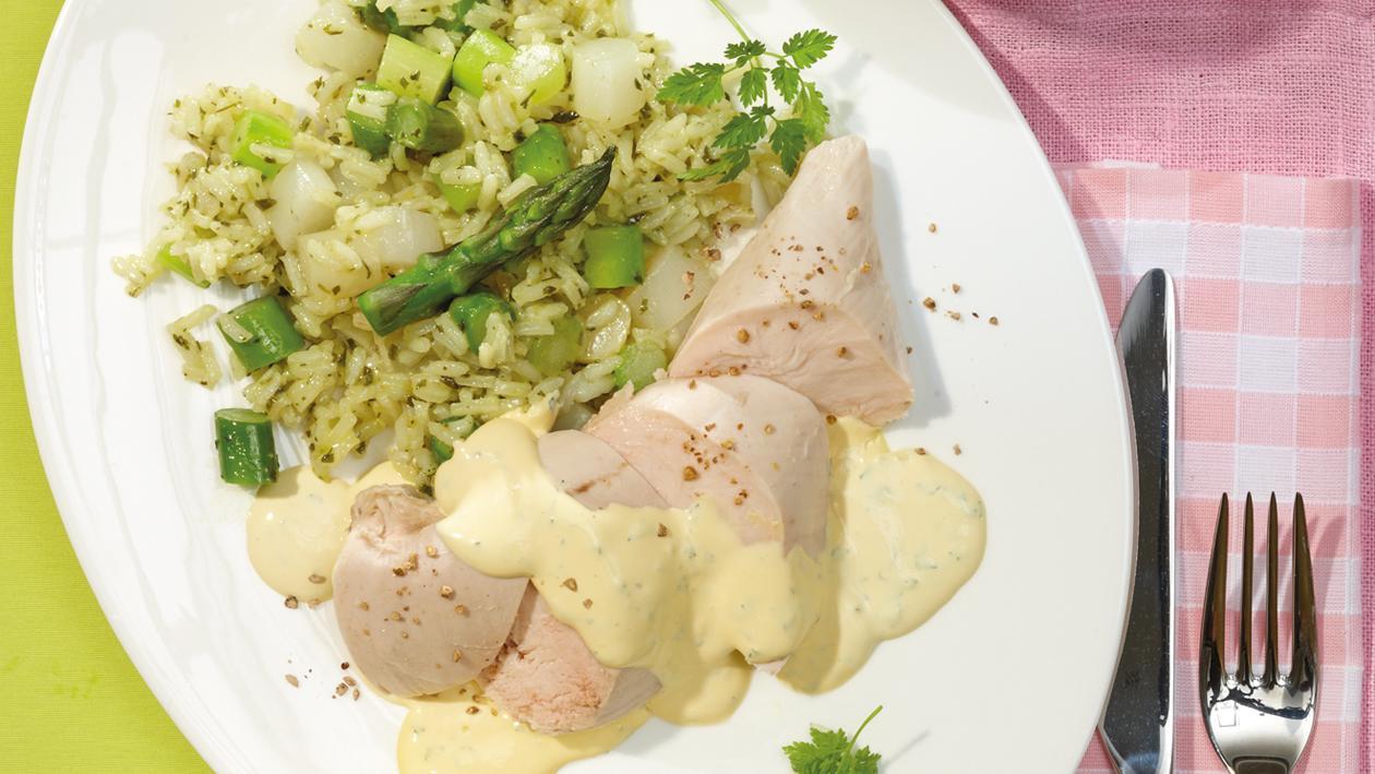 Hähnchenbrustfilet in Buttersauce Béarnaise auf Spargel-Kräuter-Reis Hähnchenbrustfilet in Buttersauce Béarnaise auf Spargel-Kräuter-Reis