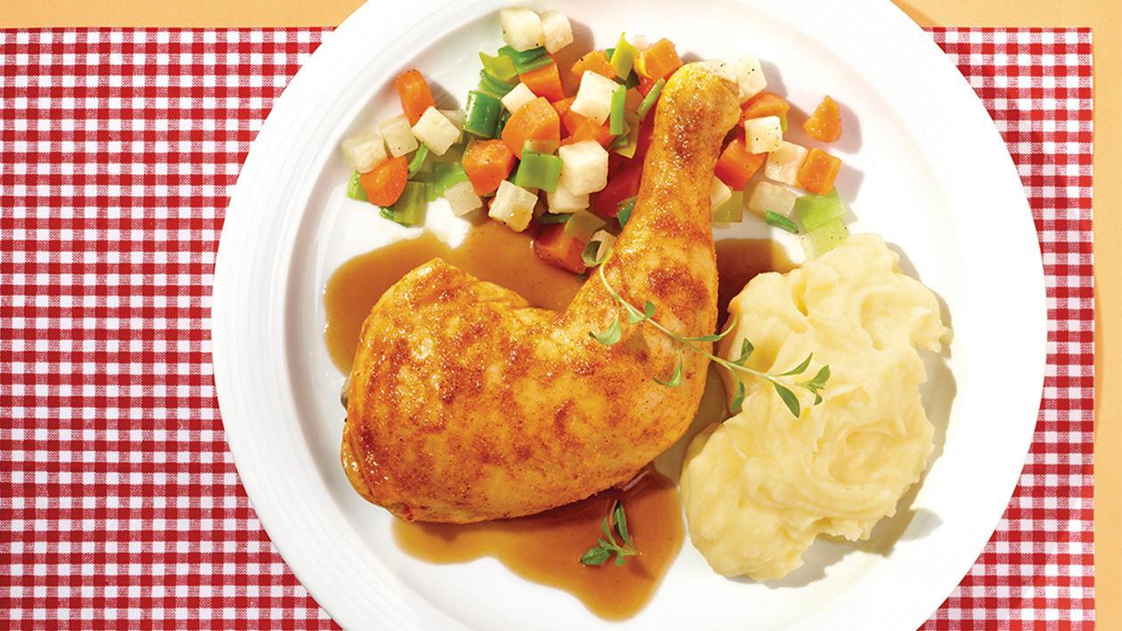 Hähnchenkeulchen mit Wurzelgemüse und Erdäpfelstampf Hähnchenkeulchen mit Wurzelgemüse und Erdäpfelstampf