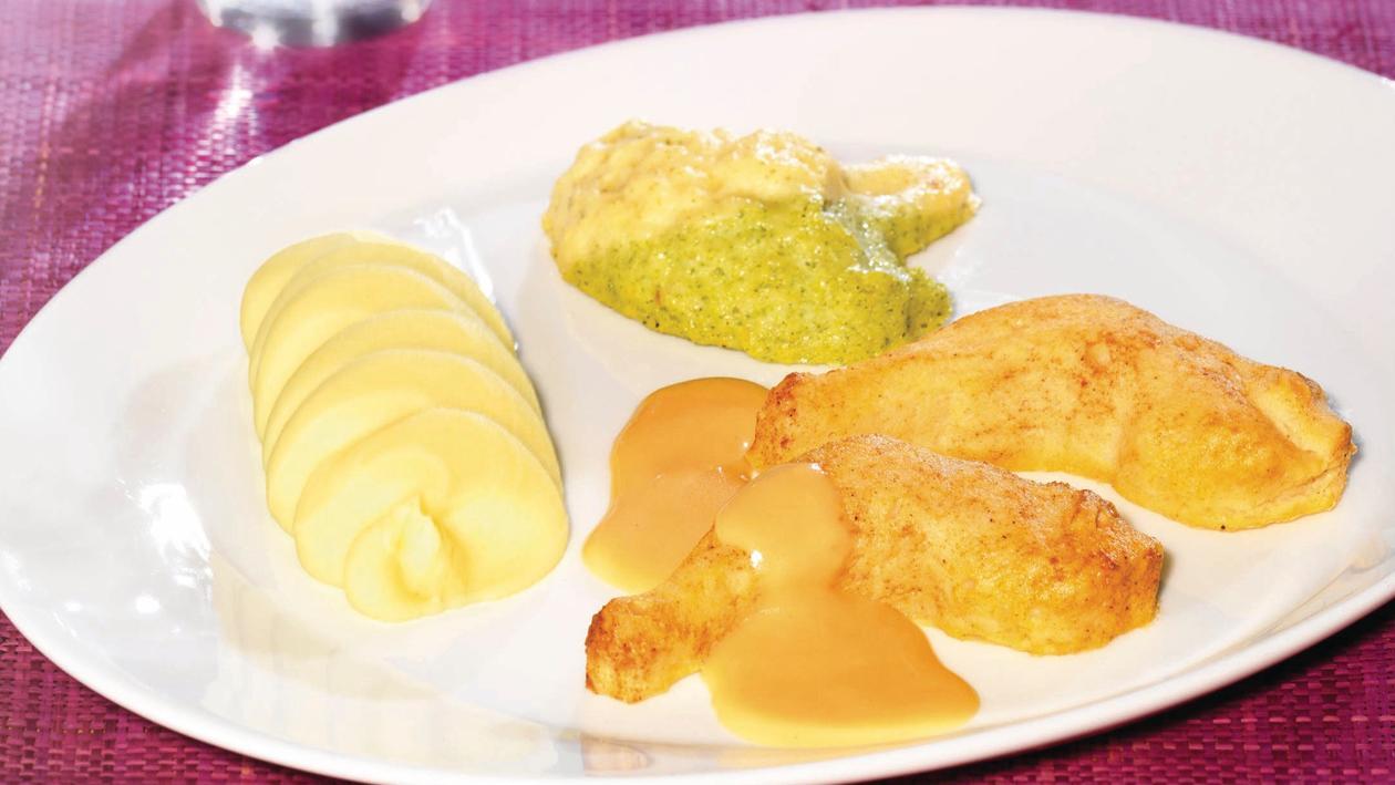 Hähnchenkeule mit Rahmsauce, Broccoli-Blumenkohl-Gemüse und Püree Hähnchenkeule mit Rahmsauce, Broccoli-Blumenkohl-Gemüse und Püree