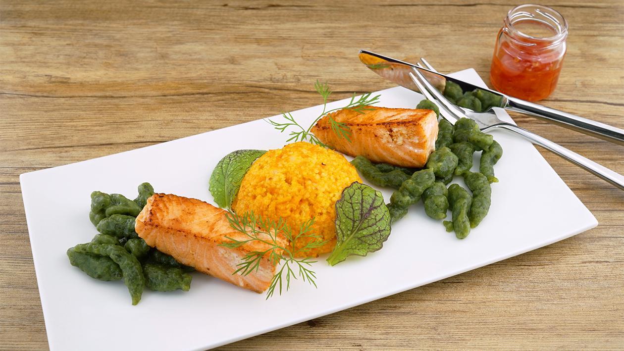 Hellmann´s Lachs - Karotten Couscous - Spinatspätzle Sunchine Chili Hellmann´s Lachs - Karotten Couscous - Spinatspätzle Sunchine Chili