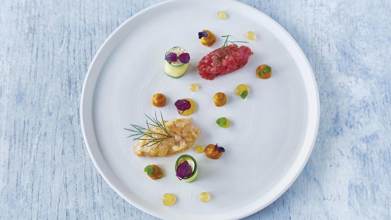 Kaisergranat mit Tunfischtartar, Zucchini-Cannoli, gesalzenes Mandelmousse, Fenchel- und Tomatengelee Kaisergranat mit Tunfischtartar, Zucchini-Cannoli, gesalzenes Mandelmousse, Fenchel- und Tomatengelee