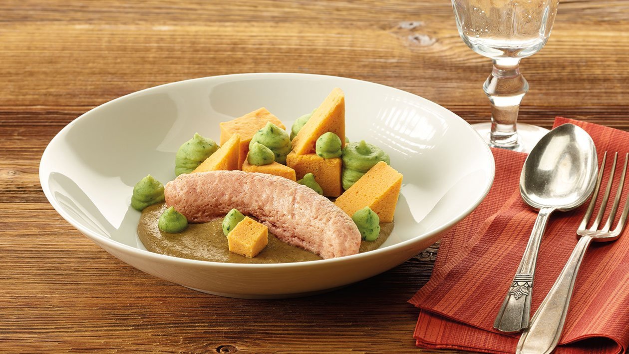Kürbis-Linsen-Eintopf mit Wurst in pürierter Form Kürbis-Linsen-Eintopf mit Wurst in pürierter Form