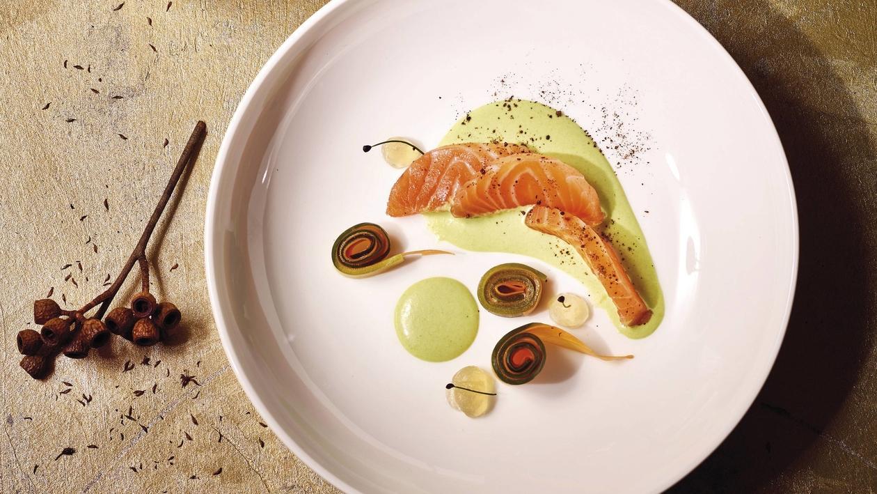 Lachs, Gurke, Karotte, Erbse, Äpfel Lachs, Gurke, Karotte, Erbse, Äpfel