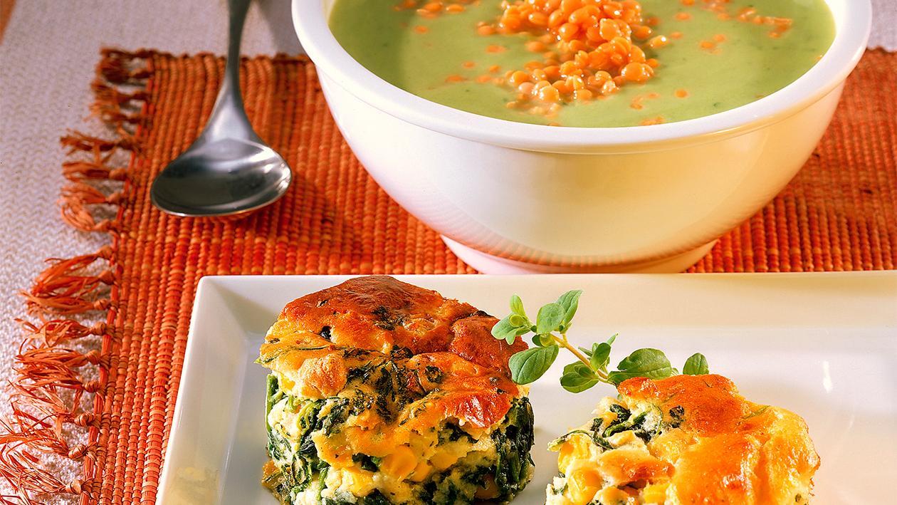 Libanesische Spinatsuppe mit roten Linsen und Kicherbsenauflauf Libanesische Spinatsuppe mit roten Linsen und Kicherbsenauflauf