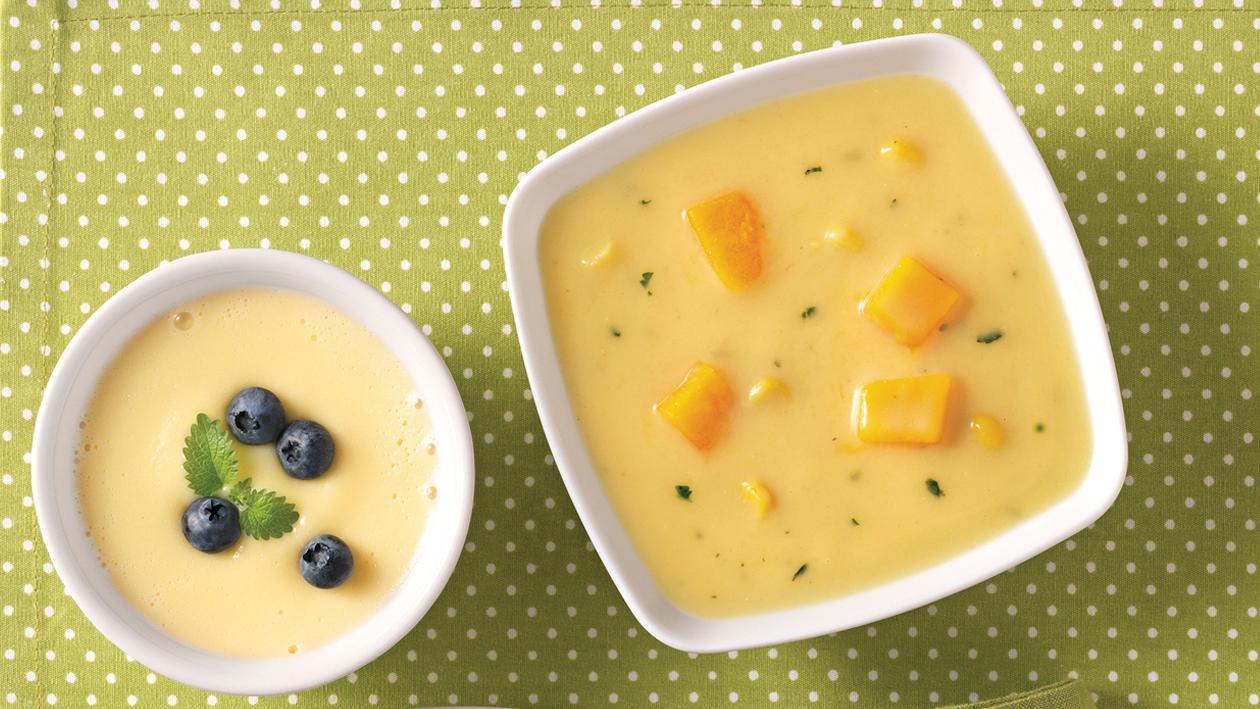 Maiscremesuppe mit eingelegten Kürbiswürfeln Maiscremesuppe mit eingelegten Kürbiswürfeln