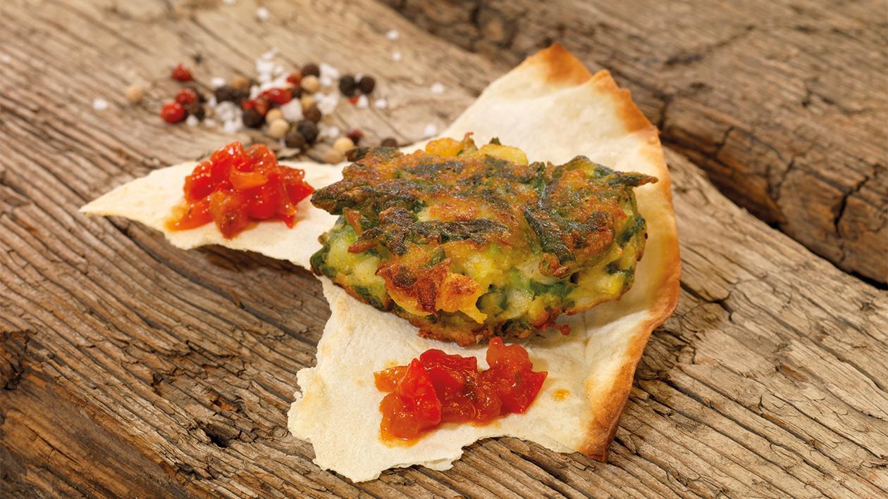 Pakora, gebackene Spinat-Gemüse-Taler mit Tomaten-Chutney Pakora, gebackene Spinat-Gemüse-Taler mit Tomaten-Chutney