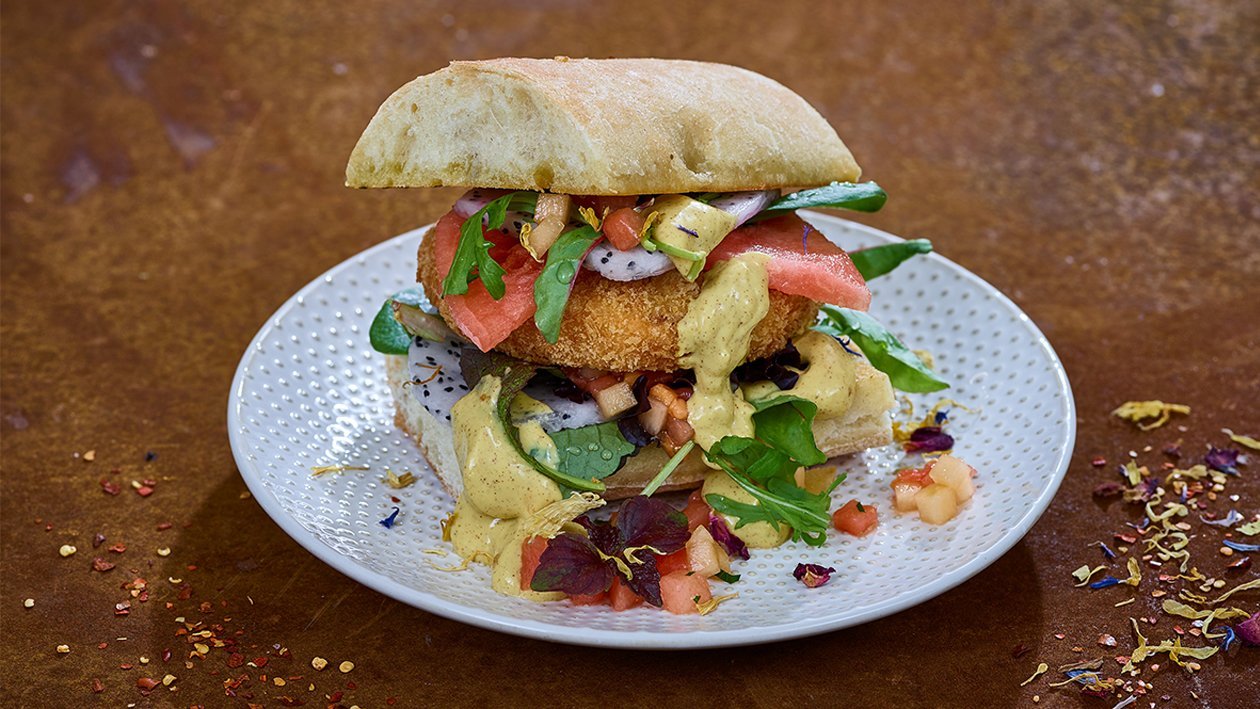 Panko Fishburger mit Melonenchutney Panko Fishburger mit Melonenchutney