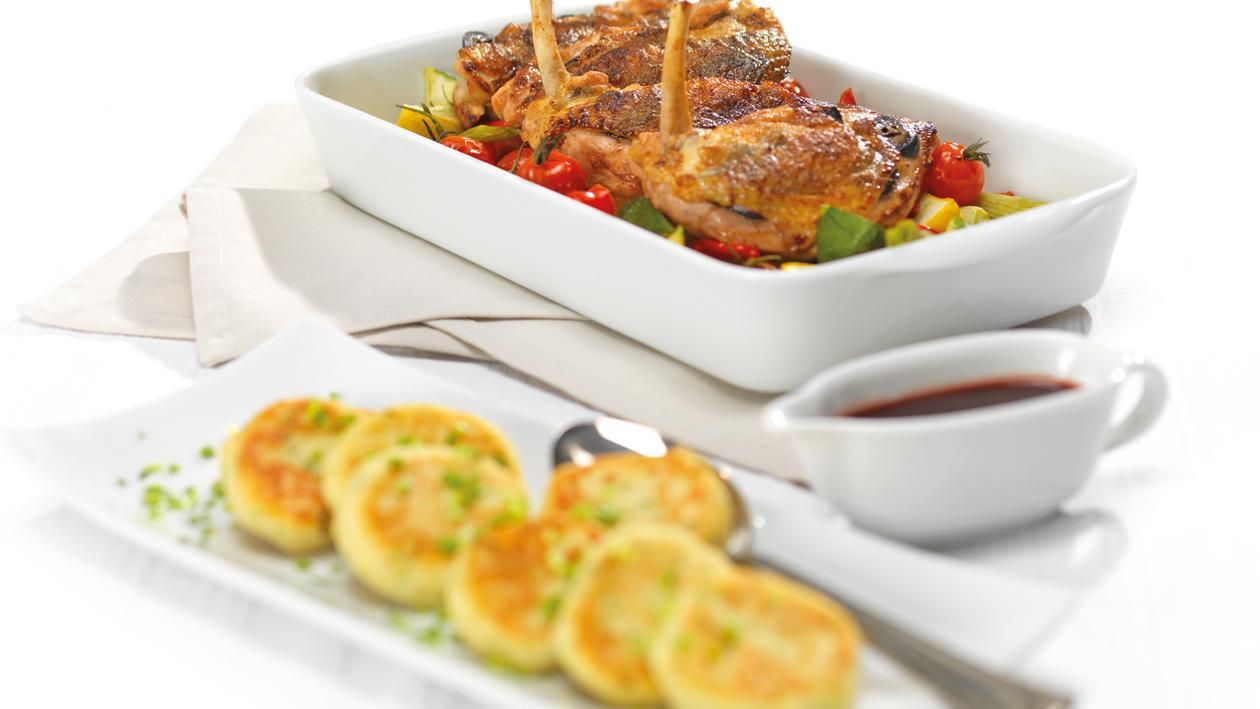 Perlhuhnbrüstchen mit schwarzen Nüssen, Cassisjus, Kartoffelgaletten und Ofengemüse Perlhuhnbrüstchen mit schwarzen Nüssen, Cassisjus, Kartoffelgaletten und Ofengemüse