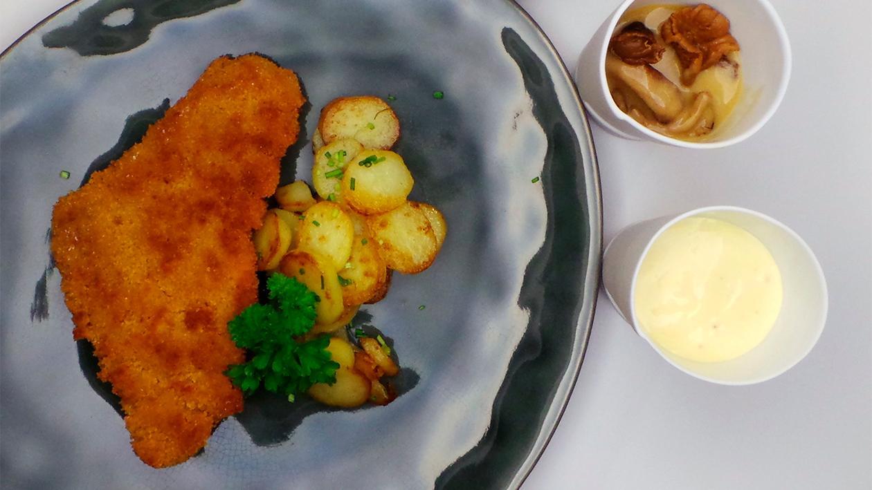 Schnitzel/Kartoffel/Pfifferlinge/Senf/Zwiebel Schnitzel/Kartoffel/Pfifferlinge/Senf/Zwiebel