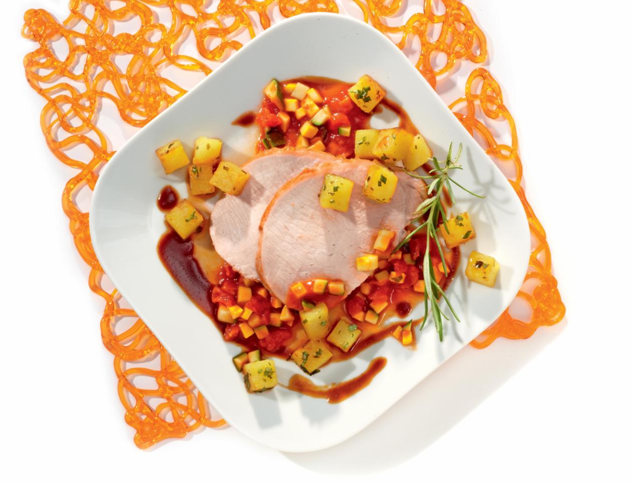 Schweinerückenbraten spanisch mit Kräuterkartoffelwürfeln Schweinerückenbraten spanisch mit Kräuterkartoffelwürfeln