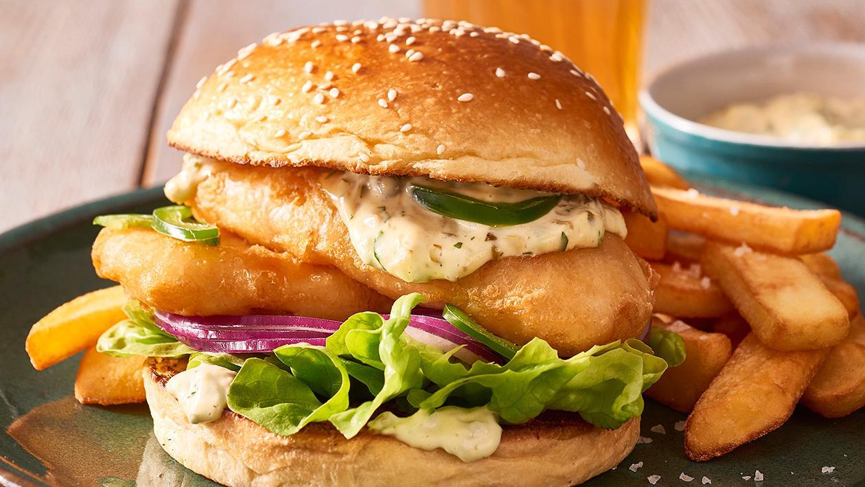 Crispy Fish Burger with Jalapeno Tartare Sauce Recipe