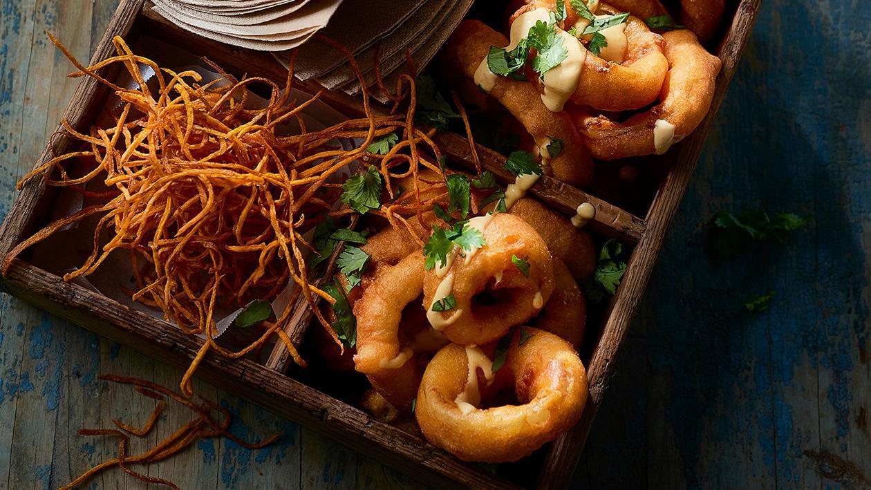 Hush Puppy Onion Rings with Smoked Maple Carrot Tahini – Recipe Hush Puppy Onion Rings with Smoked Maple Carrot Tahini – Recipe