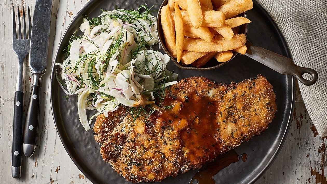 Pork Schnitzel, Coriander Crumb & Wasabi Jus – Recipe Pork Schnitzel, Coriander Crumb & Wasabi Jus – Recipe