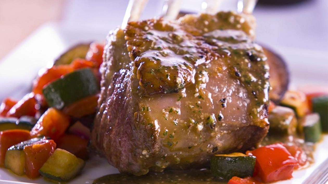Roasted Lamb Rack with Ratatouille and Mint Pesto Sauce – Recipe Roasted Lamb Rack with Ratatouille and Mint Pesto Sauce – Recipe