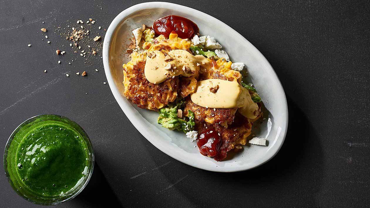 Spanish Corn Fritters topped with Smashed Avo and Hollandaise – Recipe Spanish Corn Fritters topped with Smashed Avo and Hollandaise – Recipe