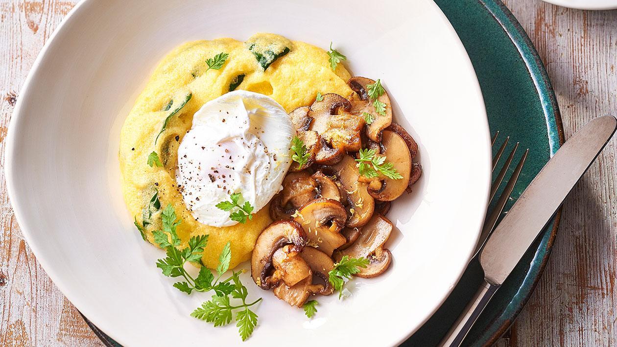 Spinach and Hollandaise Polenta, Fried Mushrooms, Poached Egg – Recipe Spinach and Hollandaise Polenta, Fried Mushrooms, Poached Egg – Recipe