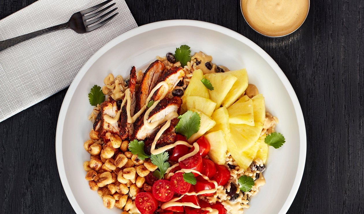 Blackened Chicken, Black Bean and Pickled Pineapple Bowl with Aji Amarillo Ranch Dressing – recipe Blackened Chicken, Black Bean and Pickled Pineapple Bowl with Aji Amarillo Ranch Dressing – recipe