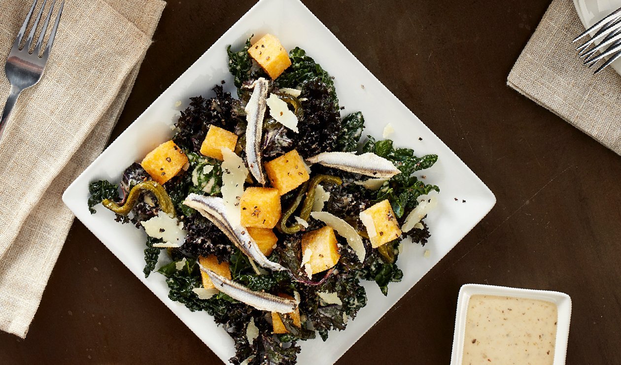 Spicy Poblano Kale Caesar with Polenta Croutons – recipe Spicy Poblano Kale Caesar with Polenta Croutons – recipe
