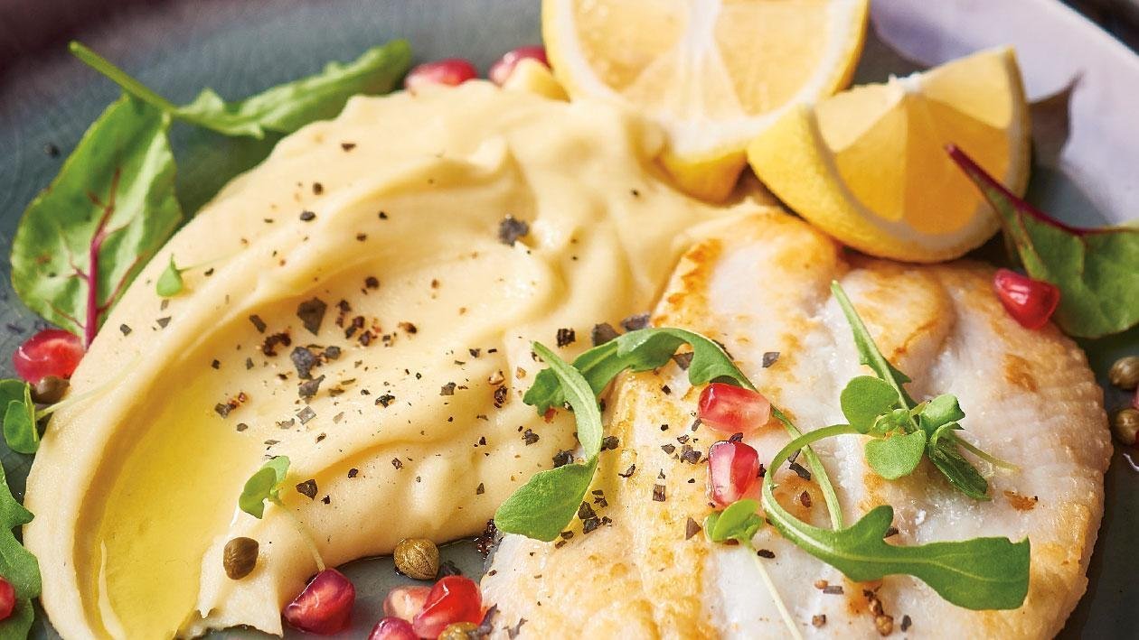 Pan Seared Fish with Potato Aioli, Pomegranate and Capers Pan Seared Fish with Potato Aioli, Pomegranate and Capers