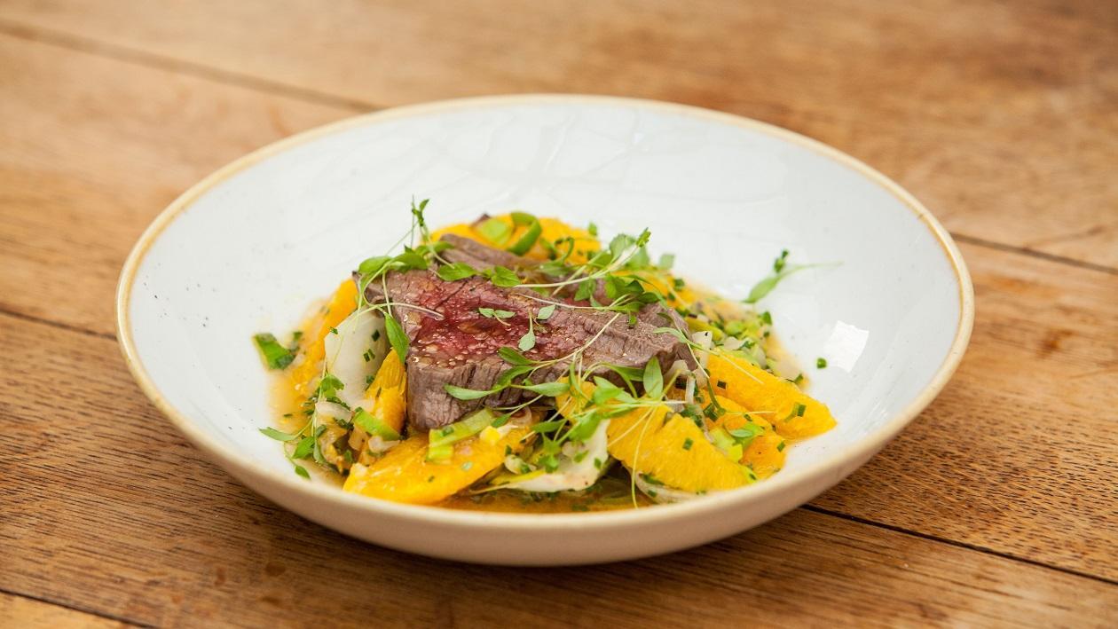 Poached Peppered Venison with a Warm Endive & Orange Salad by Mark Sargeant – recipe Poached Peppered Venison with a Warm Endive & Orange Salad by Mark Sargeant – recipe