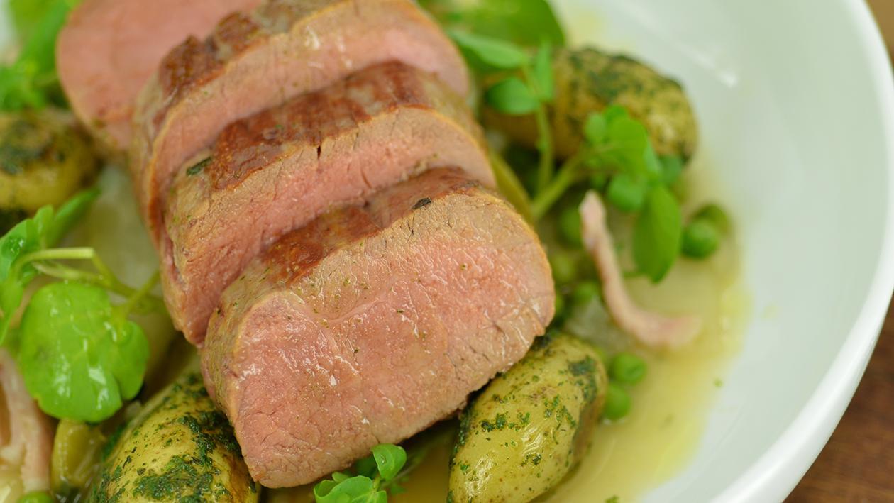 Roast lamb loin with peas, chicory & bacon – recipe Roast lamb loin with peas, chicory & bacon – recipe
