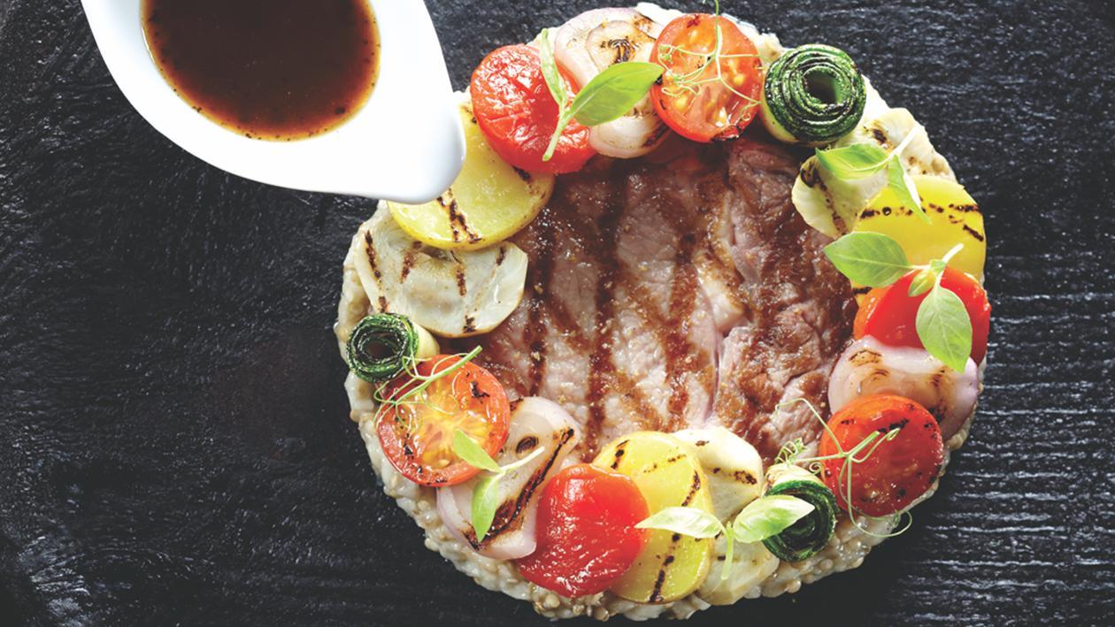 Veal Rib Eye with Grilled Vegetables and Black Garlic Gravy Veal Rib Eye with Grilled Vegetables and Black Garlic Gravy