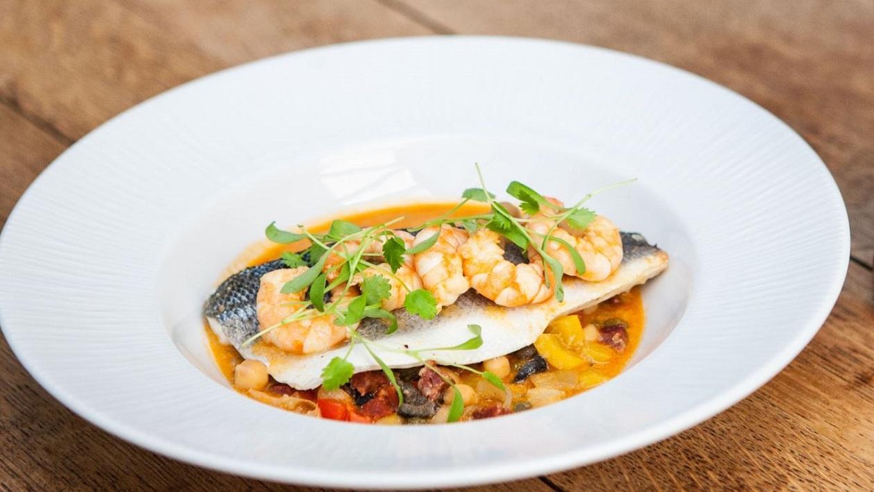 Baked Seabass with Harissa & Chickpeas by Mark Sargeant Baked Seabass with Harissa & Chickpeas by Mark Sargeant