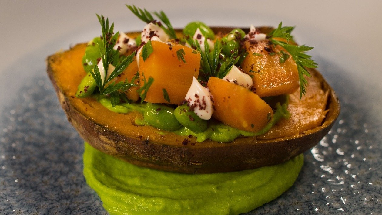 Baked sweet potato, pea and mint puree, carrot cardamon and agave with sumac mayo Baked sweet potato, pea and mint puree, carrot cardamon and agave with sumac mayo