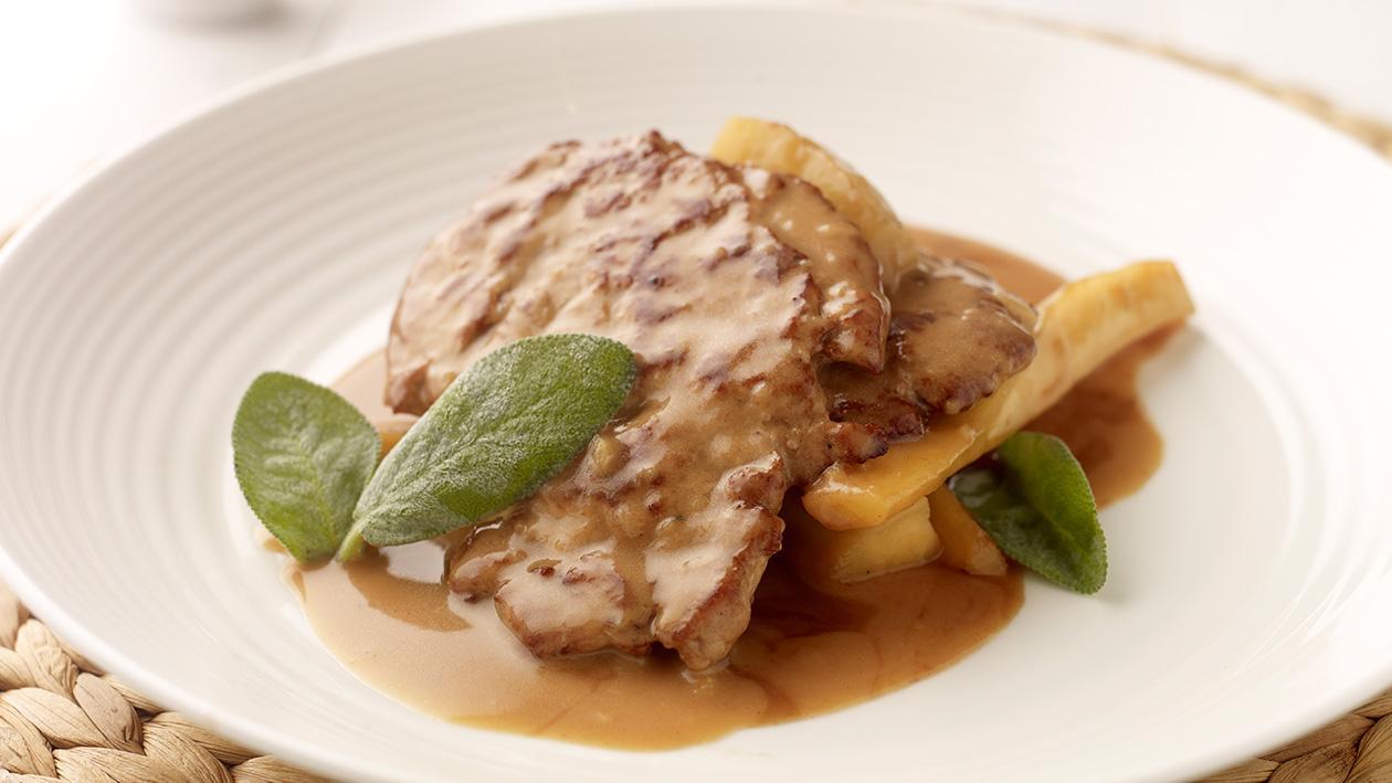 Escalope of Pork fillet with apple and calvados and roasted parsnips (Gluten free) Escalope of Pork fillet with apple and calvados and roasted parsnips (Gluten free)