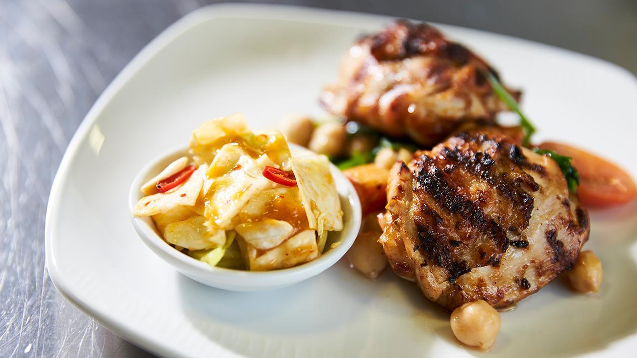 Grilled Piri Piri chicken with sweet potato, chick pea and baby spinach Grilled Piri Piri chicken with sweet potato, chick pea and baby spinach