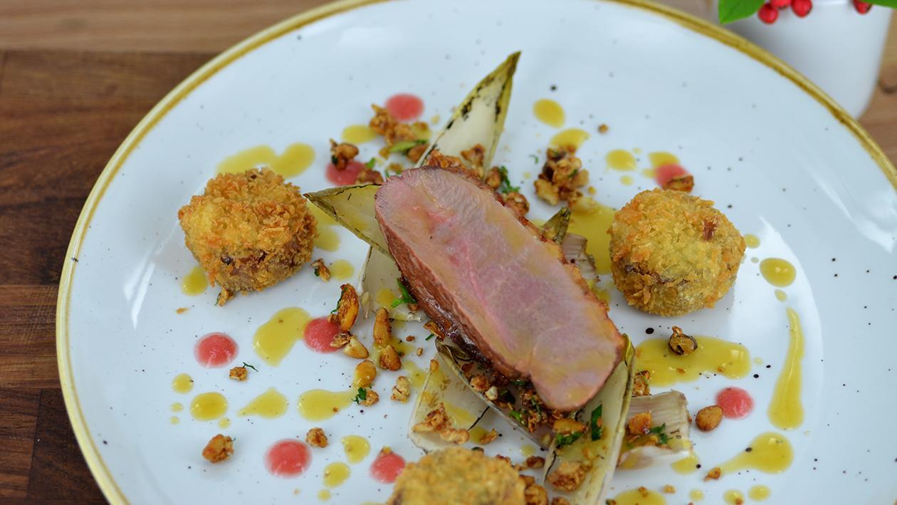 Pan fried duck, croquette with endive and granola Pan fried duck, croquette with endive and granola