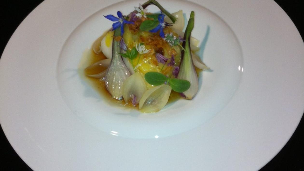 Pan-fried Pollock with Lyonnaise onions, onion consommé Pan-fried Pollock with Lyonnaise onions, onion consommé