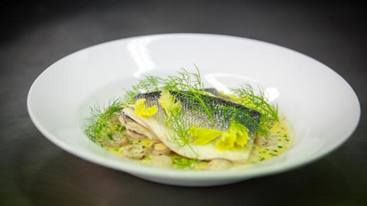 Pan fried sea bass with lemon and chive sauce Pan fried sea bass with lemon and chive sauce