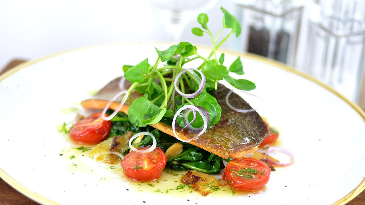 Pan fried trout with almonds, spinach & confit tomatoes Pan fried trout with almonds, spinach & confit tomatoes