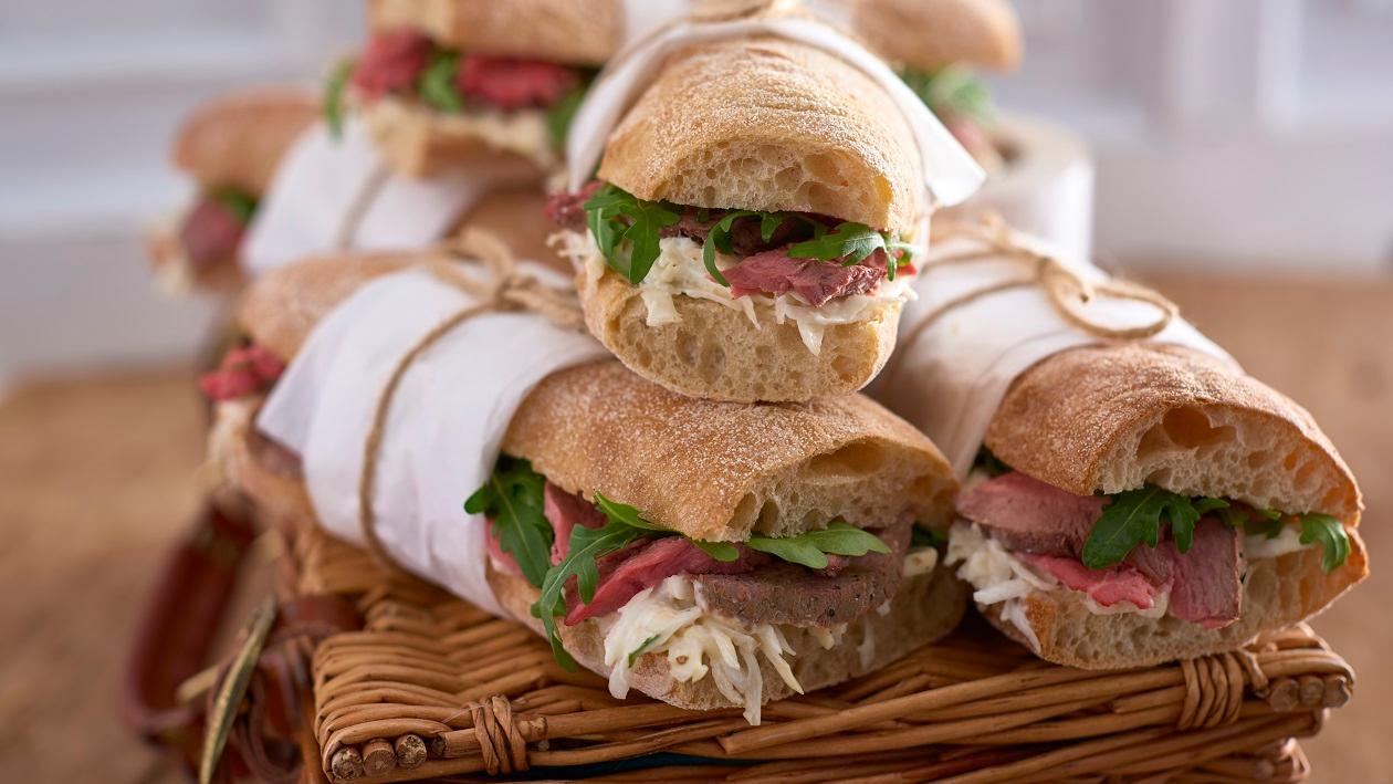 Roast beef ciabatta with celeriac remoulade and rocket Roast beef ciabatta with celeriac remoulade and rocket
