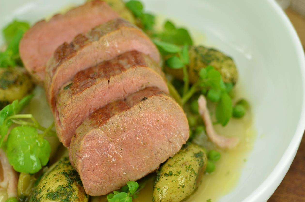 Roast lamb loin with peas, chicory & bacon Roast lamb loin with peas, chicory & bacon