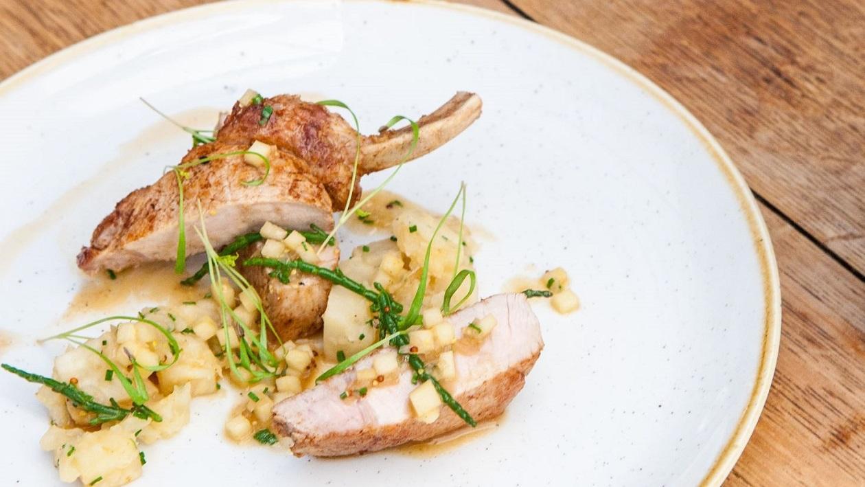 Slow roast pork chop with celeriac and apple by Larry Jayasekara Slow roast pork chop with celeriac and apple by Larry Jayasekara