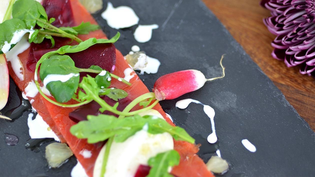 Smoked salmon with pickled beetroot and horseradish panna cotta Smoked salmon with pickled beetroot and horseradish panna cotta