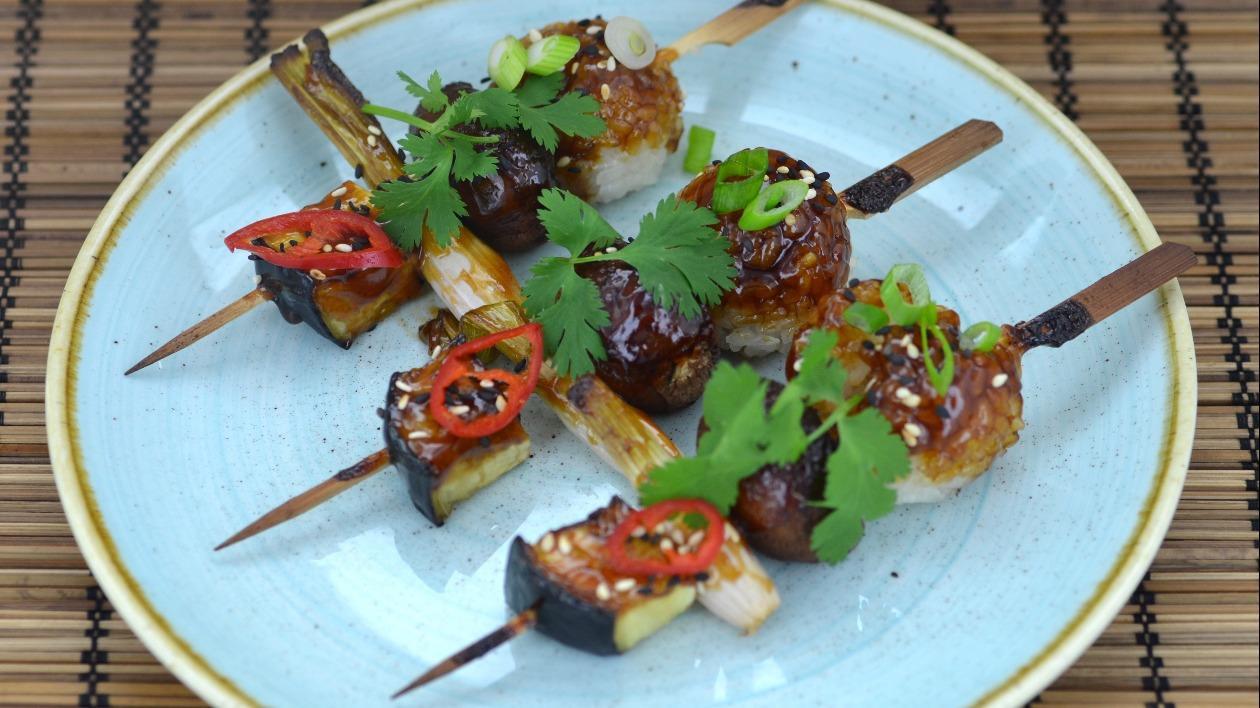 Teriyaki glazed rice & vegetable skewers Teriyaki glazed rice & vegetable skewers