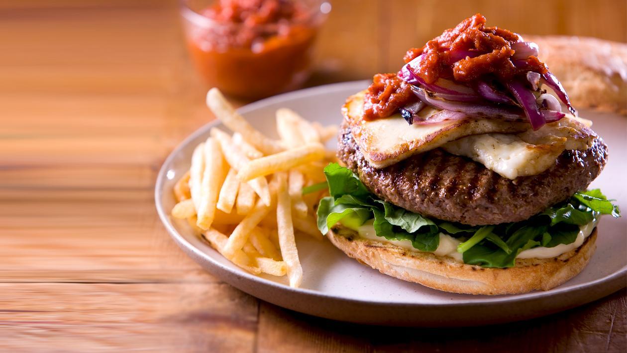 Char Grilled Lamb Burger, Grilled Haloumi, Tomato Sauce Char Grilled Lamb Burger, Grilled Haloumi, Tomato Sauce