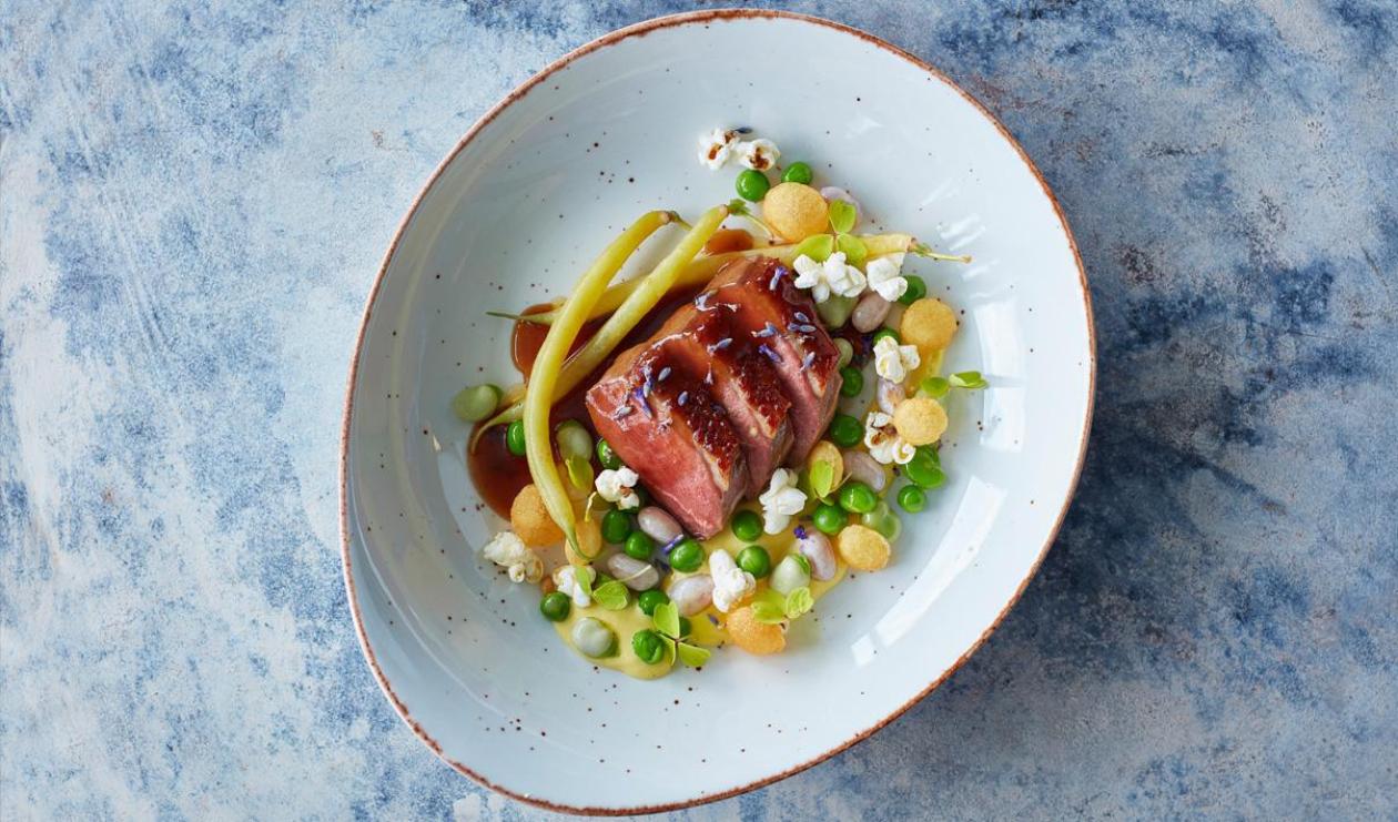 Glazed Duck with Honey, Lavender and Corn Cream Glazed Duck with Honey, Lavender and Corn Cream