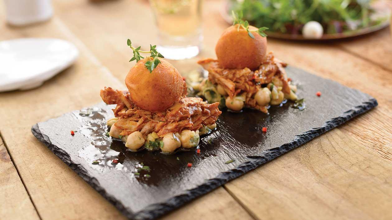 Pulled Chicken, Fried Mash Bombs with Chickpea Lemon Salsa Pulled Chicken, Fried Mash Bombs with Chickpea Lemon Salsa