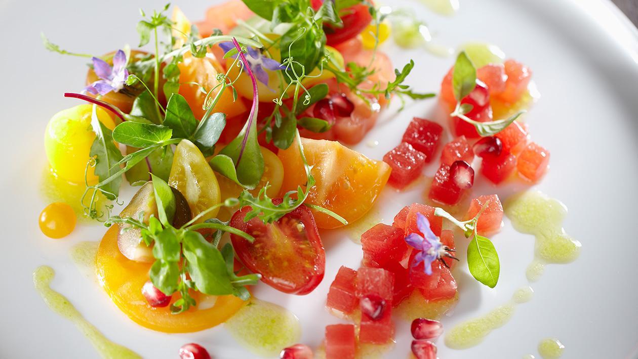 Tomatoes and Watermelon with Pomegranate and Basil Tomatoes and Watermelon with Pomegranate and Basil